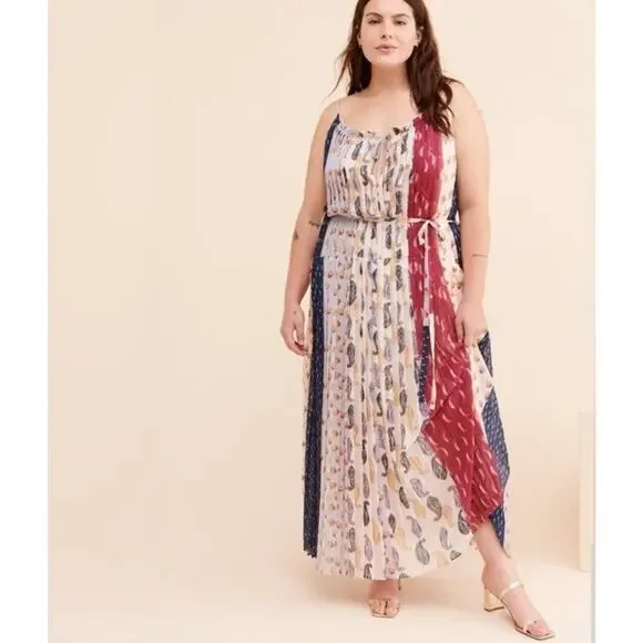 ML Monique Lhuillier Tapestry Pleated Maxi Dress 20W Retail $595 Boho Luxury - Picture 1 of 8